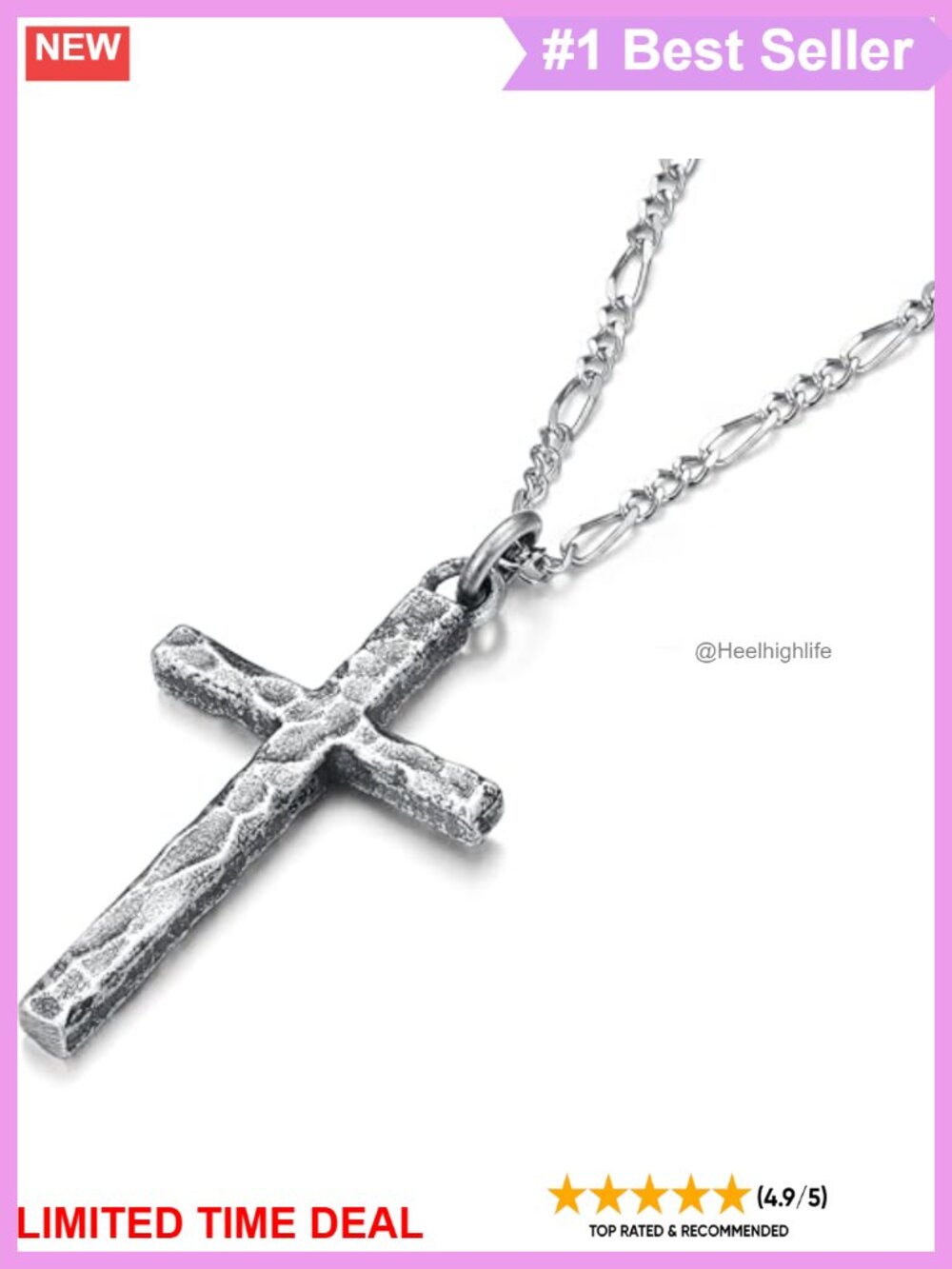 925 Sterling Silver Cross Necklace Men Figaro Chain 18in